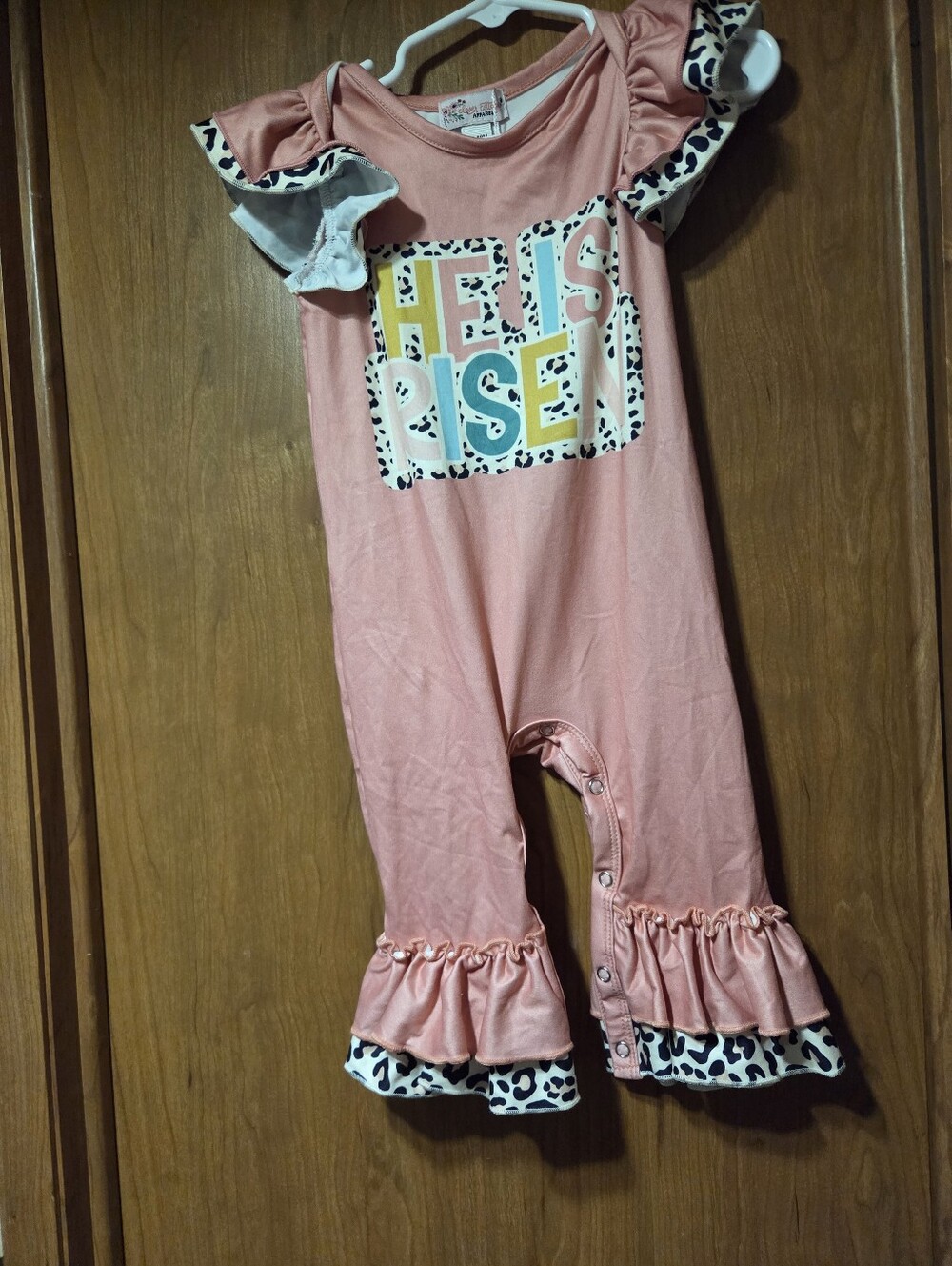Girls' Pink Ruffle Jumpsuit - 'He is Risen' Print